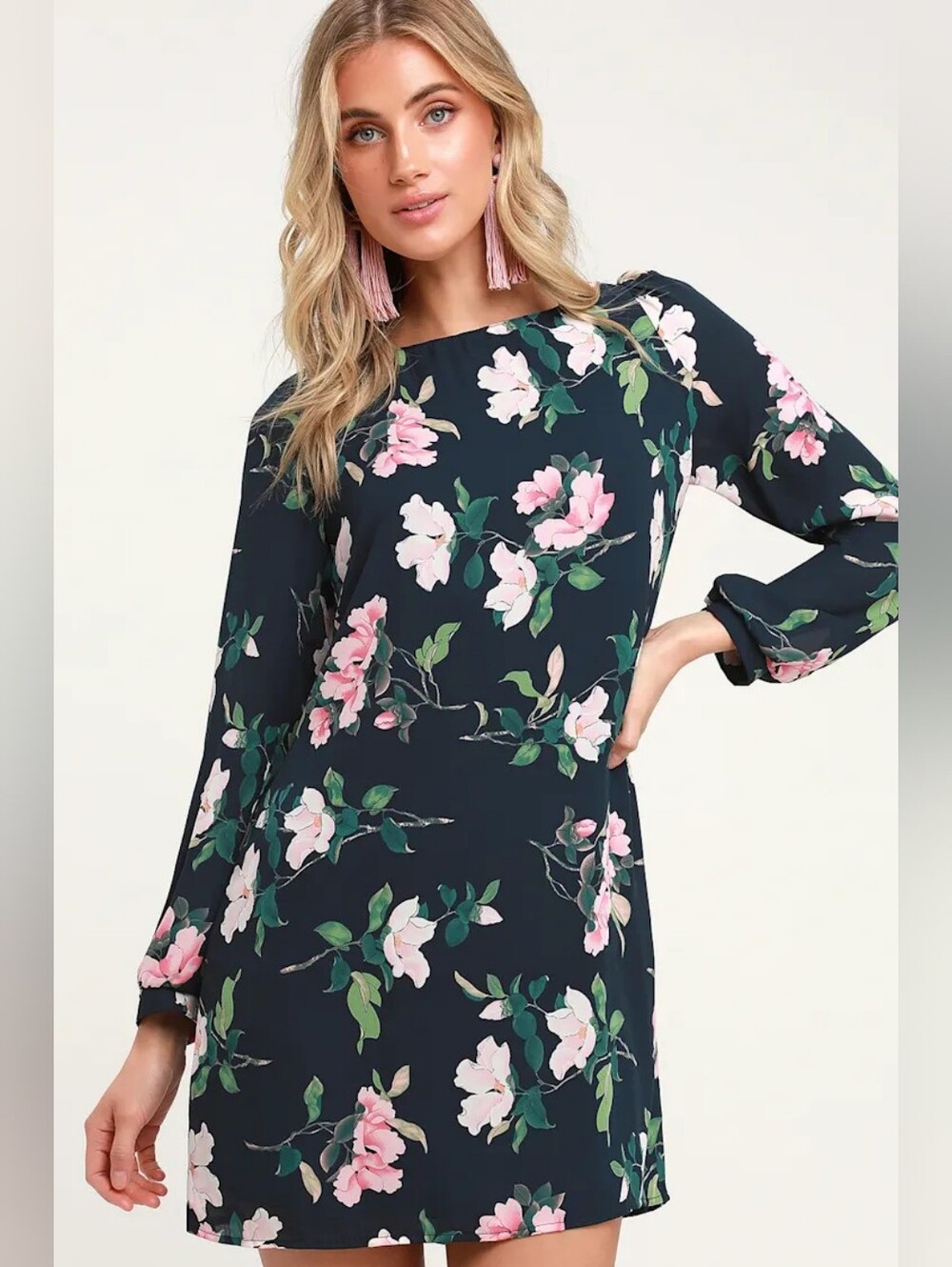 Lulus Rosalinda Navy Blue Floral Print Long Sleeve Shift Dress